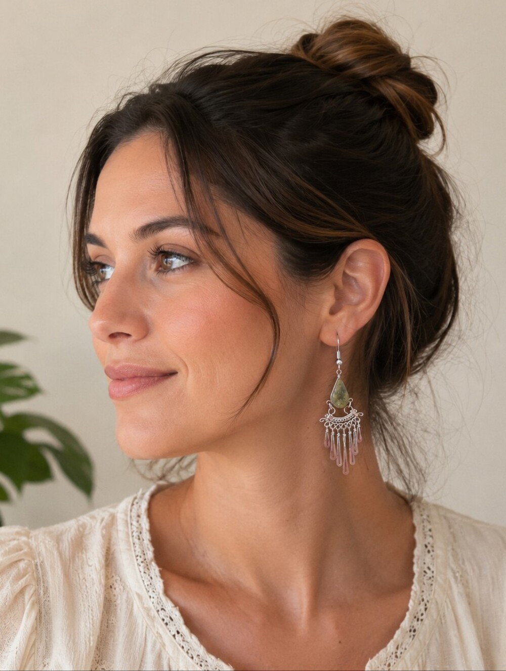 BOHO Stering Silver Dangle Green Stone Earrings